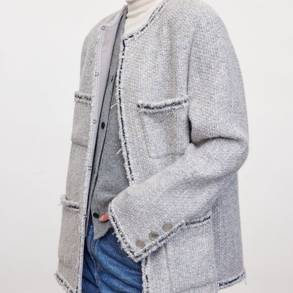 CHICJOC Handwoven Tweed Coat – Moonlight Grey with Night-Sky Sequin Fringe, Size - Picture 8 of 16